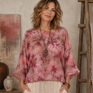 For Cynthia Pink Brown Tie Dye Linen‎ Top Womens L Ruffle Boxy Oversized Shirt